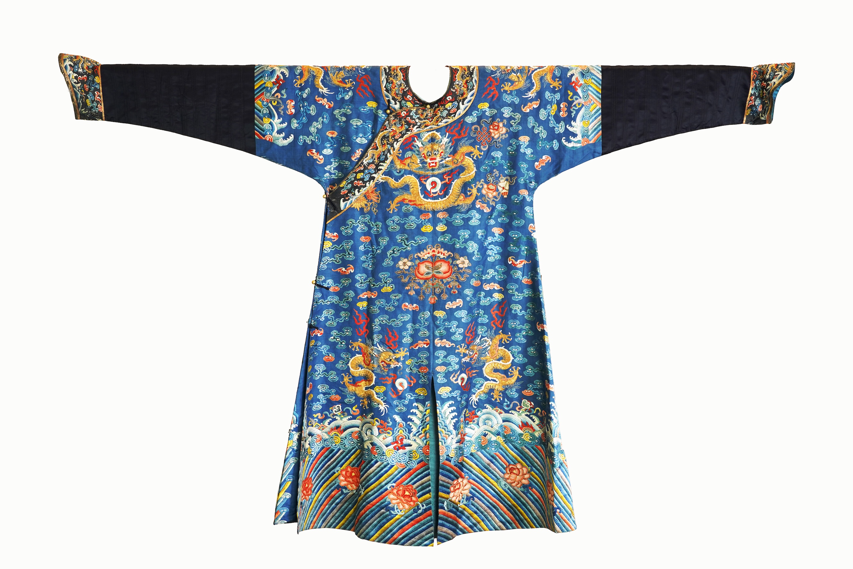 A Chinese blue silk man’s dragon robe, jifu, 19th century